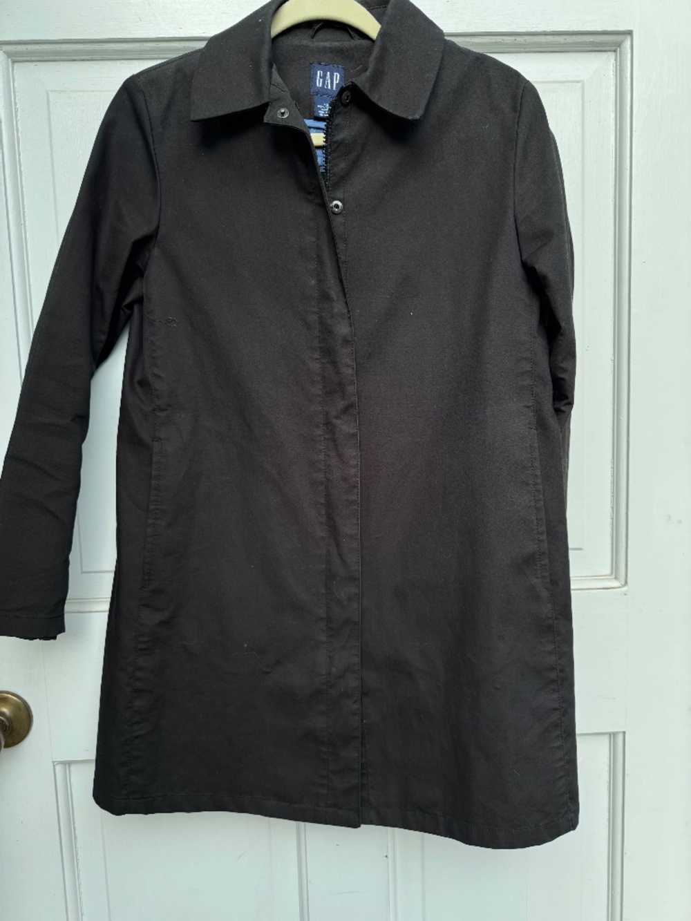 GAP Women’s XS Black Raincoat Blue Lining Zip Snap Trench Coat 100% Cotton